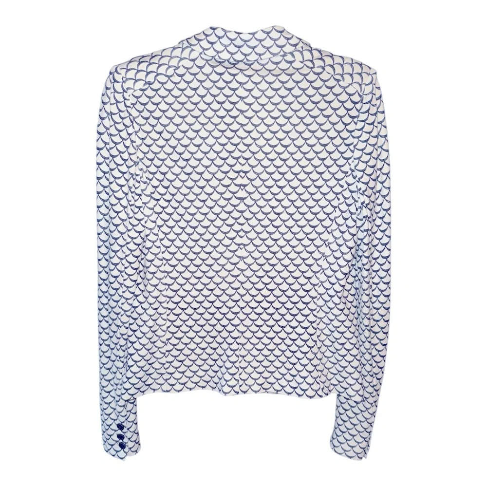 Tory Burch‎ Women Scalloped Print White Blue Blazer Size L